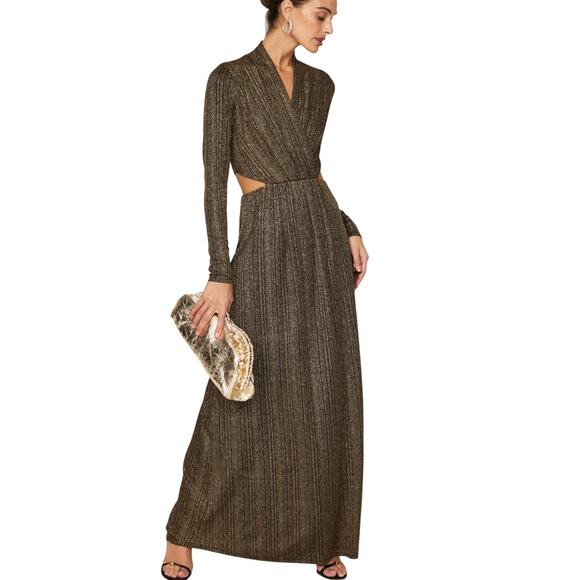 Rachel Roy Black Gold Plisse Gown SMALL Cutout Waist Wrap Maxi Dress Formal $149 - Picture 1 of 11